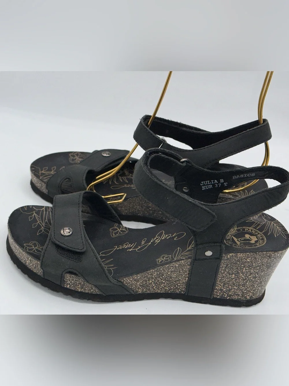 Panama Jack Julia Wedge Sandals Size 37 US 6.5 Black Adjustable Strap  AA28